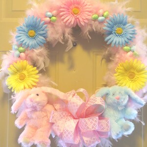 Pink Easter Bunny Wreath: Feathered Spring Decor, Daisy Accents image 6