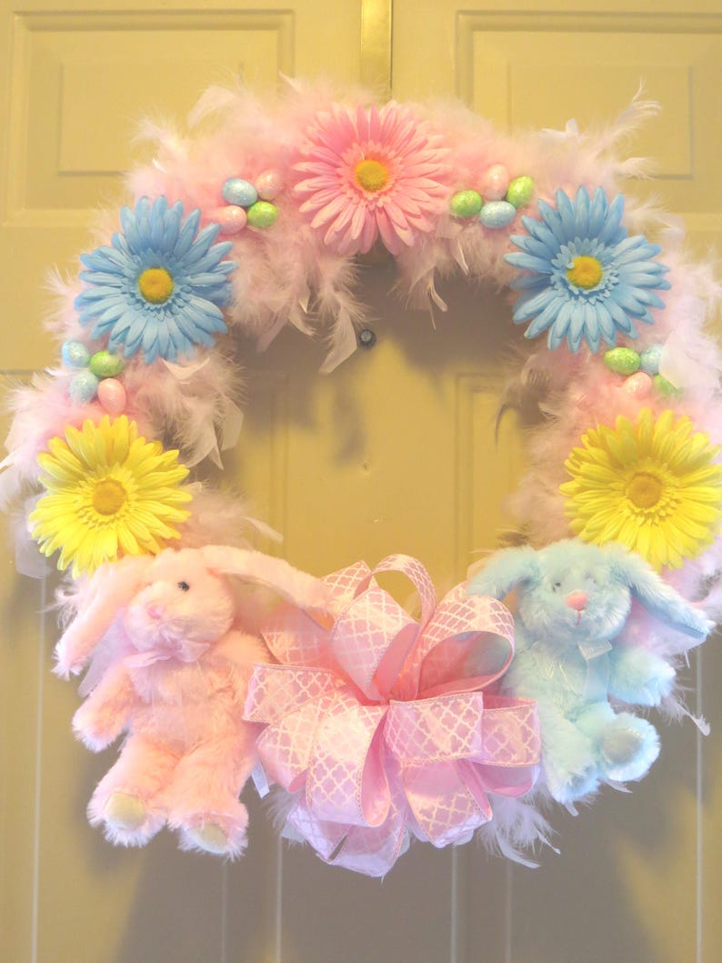 Pink Easter Bunny Wreath: Feathered Spring Decor, Daisy Accents image 6