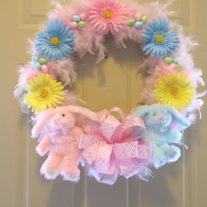 Pink Easter Bunny Wreath: Feathered Spring Decor, Daisy Accents image 1