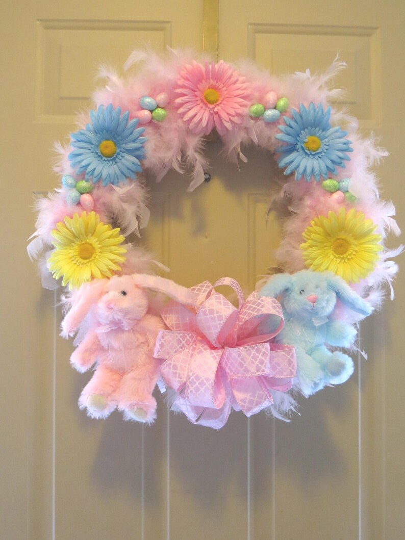 Pink Easter Bunny Wreath: Feathered Spring Decor, Daisy Accents image 1