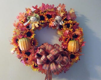 Fall Wreath, Autumn Wreath, Thanksgiving Wreath, Scarecrows and Pumpkin Wreath, Fall Decoration, Pumpkin Wreath, Scarecrow Wreath, Fall