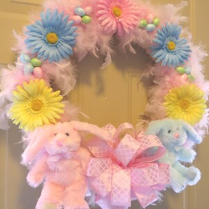 Pink Easter Bunny Wreath: Feathered Spring Decor, Daisy Accents image 4
