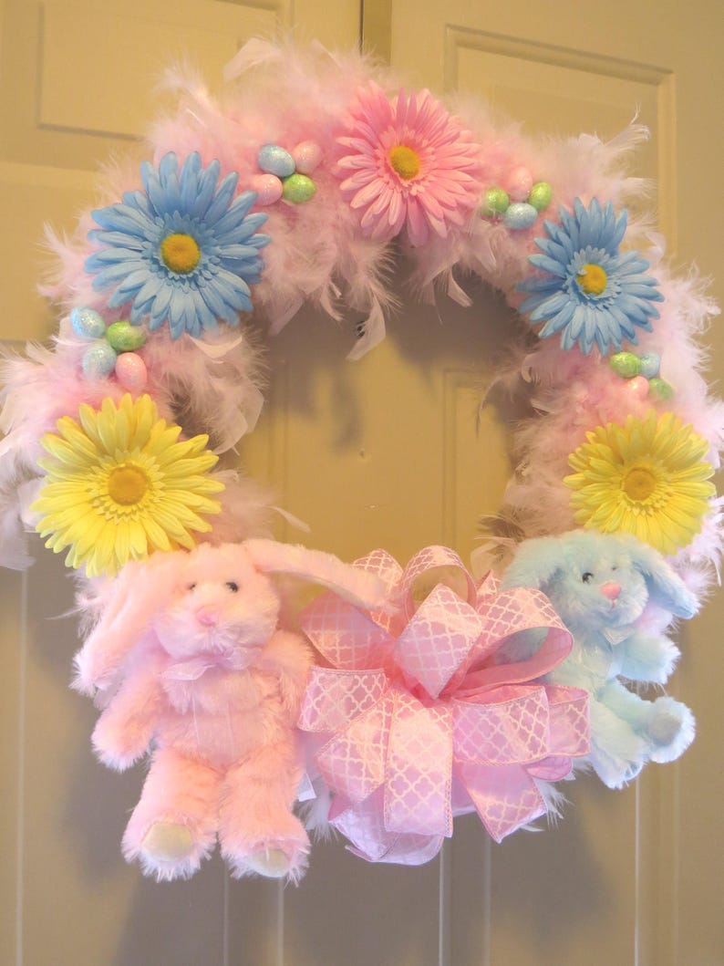 Pink Easter Bunny Wreath: Feathered Spring Decor, Daisy Accents image 4