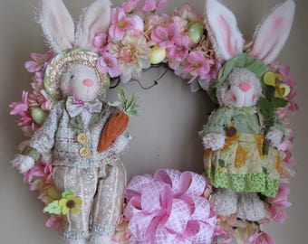 Easter Wreath, Easter Door Wreath, Rabbit Wreath, Bunny Wreath, Pink Rabbit Wreath, Easter Decoration, Easter Grapevine Wreath, Rabbits