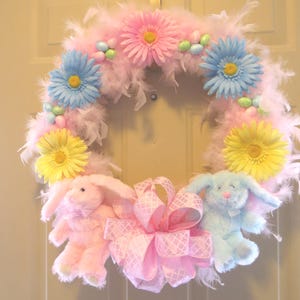 Pink Easter Bunny Wreath: Feathered Spring Decor, Daisy Accents image 3