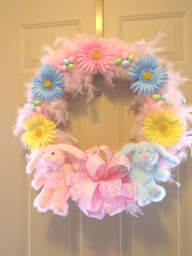 Pink Easter Bunny Wreath: Feathered Spring Decor, Daisy Accents image 3