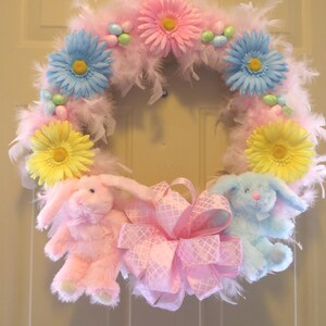 Pink Easter Bunny Wreath: Feathered Spring Decor, Daisy Accents image 2