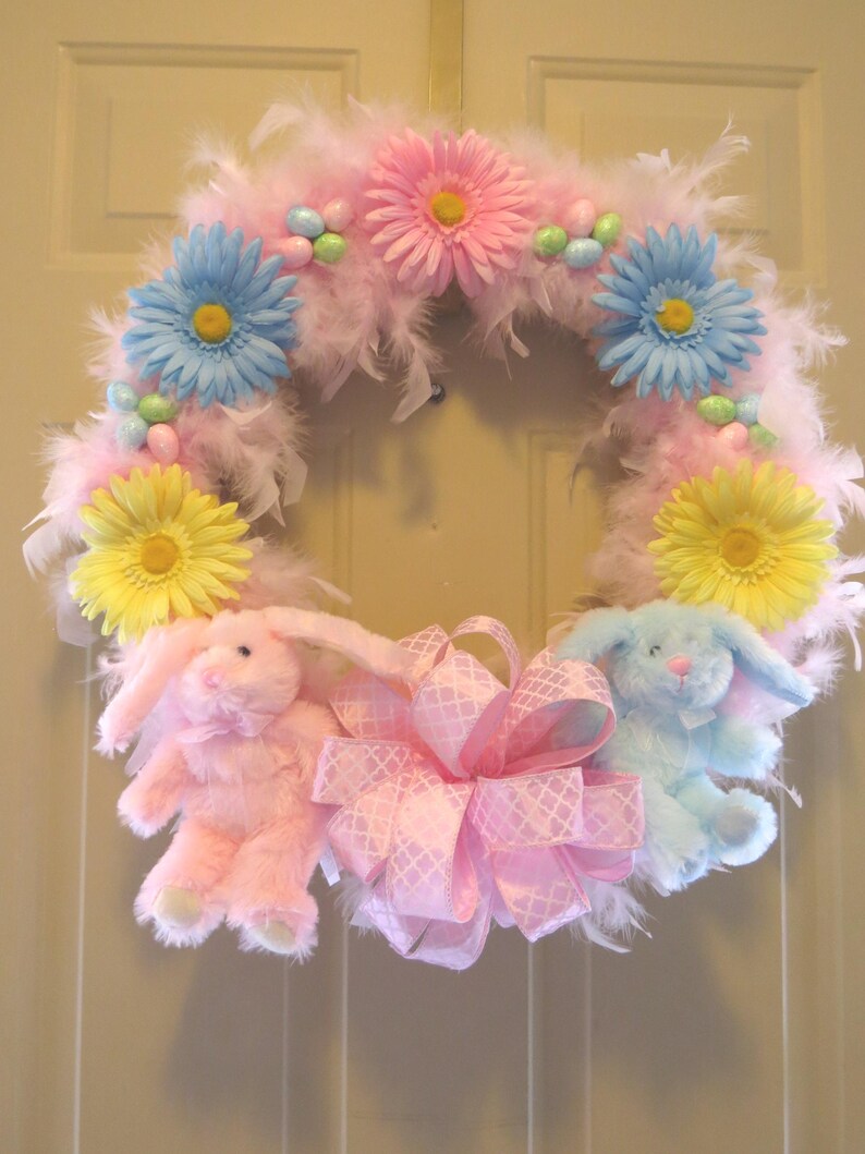 Pink Easter Bunny Wreath: Feathered Spring Decor, Daisy Accents image 2