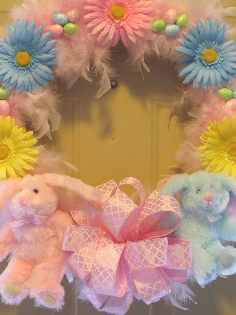 Pink Easter Bunny Wreath: Feathered Spring Decor, Daisy Accents image 5