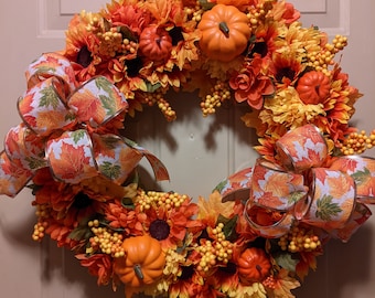 Sunflower Pumpkin Fall Wreath: Orange Autumn Door Decor