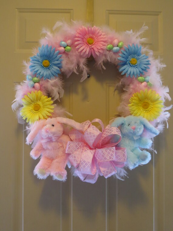 Pink Easter Bunny Wreath: Feathered Spring Decor, Daisy Accents