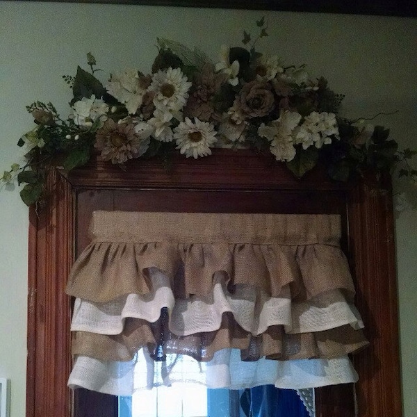 Burlap Ruffled Valance 50''X20'' with 2 Shades of Burlap Window Treatment