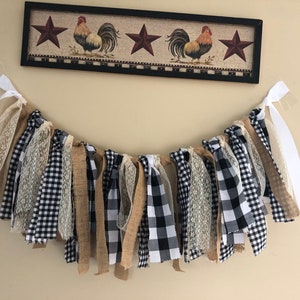 Handmade Farmhouse Fabric Garland/Buffalo check black and white/Rustic fabric Bunting/ fall decor