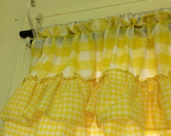 Yellow Gingham Valance with Ruffles Gingham Vintage Curtains Farmhouse