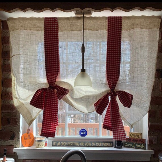 White Burlap With Red Gingham Window Valance Gingham Curtains Etsy