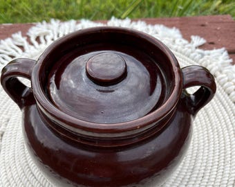 Vintage Brown Stoneware Bean Pot: Rustic Farmhouse Crock