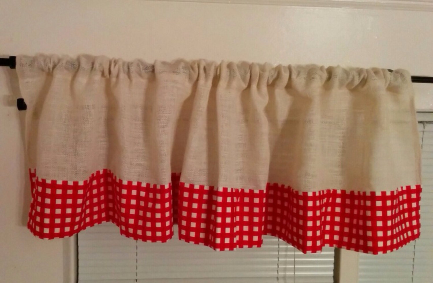 White Burlap and Red Gingham Valance Vintage Gingham Curtains | Etsy