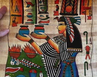 Handmade Egyptian Papyrus Painting: Hathor or Isis, Free Bookmark (12x16")