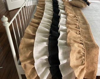 Burlap bed runner, bed scarf natural, and whit 5 ruffles