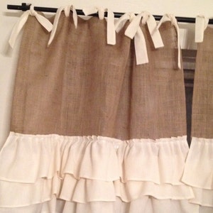 Burlap Curtains with 3-Tier Ruffles, Vintage Style