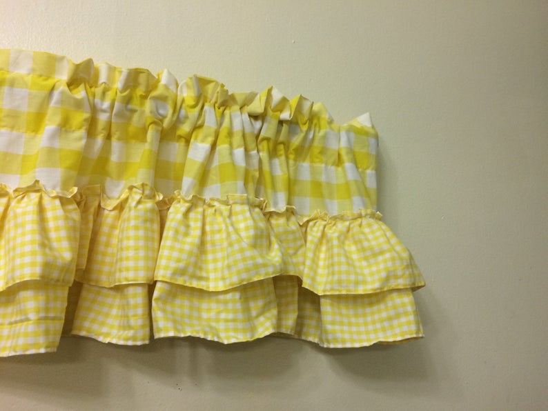 Yellow Gingham Valance With Ruffles Gingham Vintage Curtains Etsy