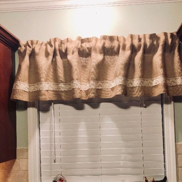 72X15 Natural Burlap Valance with Lace Burlap Curtain Window Treatments