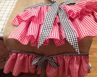 Burlap Table Runner with Gingham Ruffles, Rustic Home Decor
