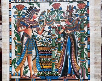 Handmade Egyptian Papyrus painting of the Pharoah and Queen/ 12”x16/Free papyrus bookmark