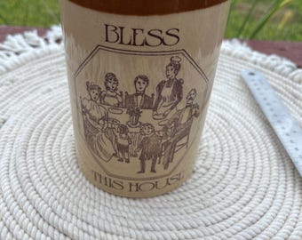 Vintage Bless This House Crock: Two-Tone Pottery Utensil Holder