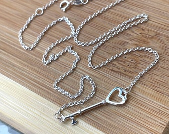 Heart Key Necklace 17”, Sterling Silver Key Pendant, Sideways Key Necklace, Key Jewelry, Dainty Necklace, Layered Necklace, Birthday Gift