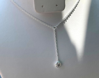 Sterling Silver Lariat Necklace for Women, CZ Lariat Necklace, Y Necklace, Minimalist Necklace, Dainty Necklace, CZ Jewelry, Drop Necklace