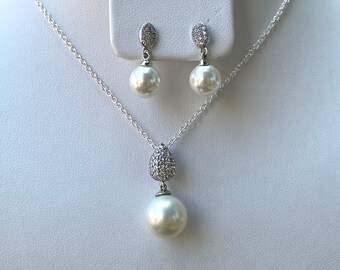 Sterling Silver Pearl Jewelry Set, Pearl Necklace Earrings Set, Bridal Pearl Set, Bridesmaid Gift, For Wedding Day, Freshwater Pearl Jewelry