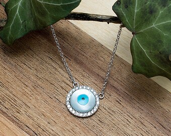 Sterling Silver Evil Eye Necklace, Protection Necklace, Good Luck Pendant Necklace, Minimalist Necklace, Christmas Gift, Layered Necklace