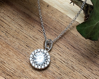 Halo Pendant Necklace, Sterling Silver CZ Necklace, Simulated Diamond Charm Necklace, Dainty Necklace, Bridal Necklace, Birthday Gift
