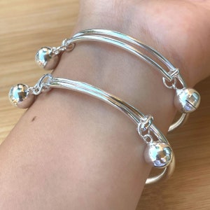 Sterling Silver Adjustable Bracelet, Silver Bangle with Bells Charms, Solid Silver Bangle Bracelet for Women, Mother's Day Gift, 925 Stamped