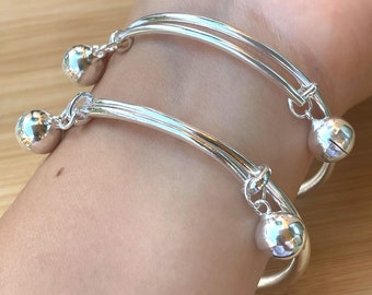 Sterling Silver Adjustable Bracelet, Silver Bangle with Bells Charms, Solid Silver Bangle Bracelet for Women, Mother's Day Gift, 925 Stamped
