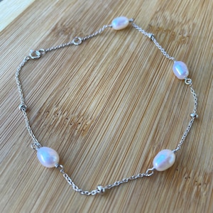Silver Pearl Anklet, Freshwater Pearl Anklet 10 Inches, Adjustable Ankle Bracelet for Women, Sterling Silver Chain Anklet, White Pearl Jewel