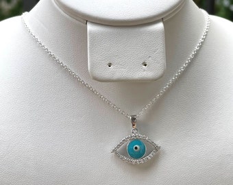 Sterling Silver Evil Eye Necklace, Protection Necklace, Good Luck Pendant Necklace, Minimalist Necklace, Christmas Gift, Layered Necklace