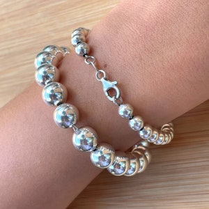 Sterling Silver Beaded Bracelet for Women, 5mm, 10mm, Layering Bracelet, Christmas Gift, Solid Silver, Lobster Clasp, Birthday Gift Mom