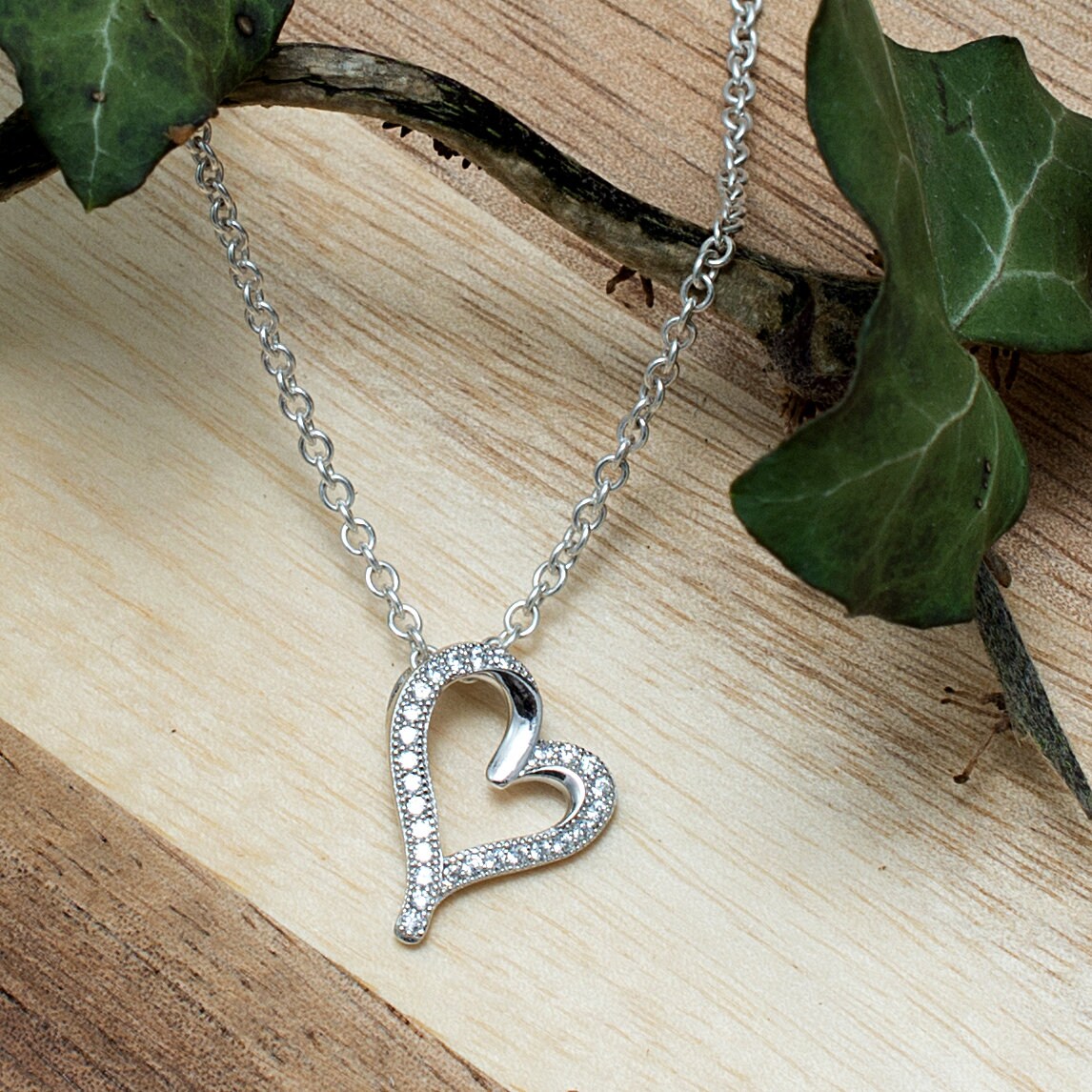 Sterling Silver Open Heart Pendant Necklace, Cubic Zirconia, Heart