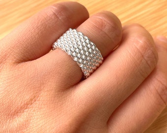 Sterling Silver Mesh Ring, Flexible Ring For Women, For Men, Thumb Ring, Woven Ring Size 5 to 13, 10mm Width, Braided Ring, Christmas Gift
