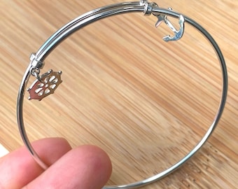 Sterling Silver Nautical Bangle Bracelet, Adjustable Bracelet, Anchor Charm, Charm Bracelet for Women, Marine Bracelet, Stackable Bangle