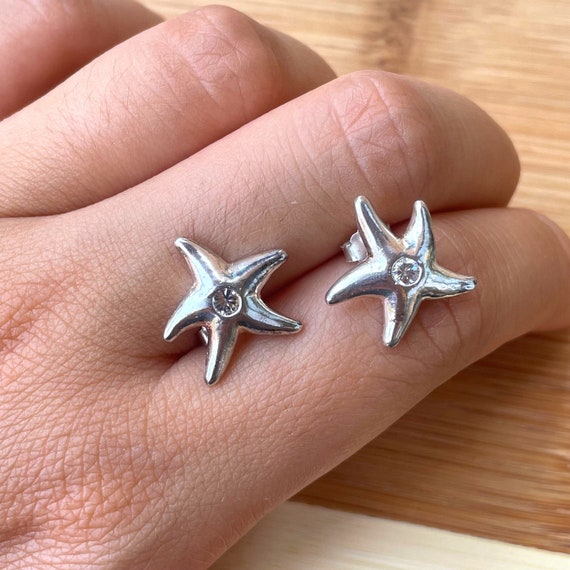 Starfish Stud Earrings Sterling Silver with Cubic Zirconia Center Antique Finish Starfish Stud Earrings Sterling Silver with Cubic Zirconia Center Antique Finish