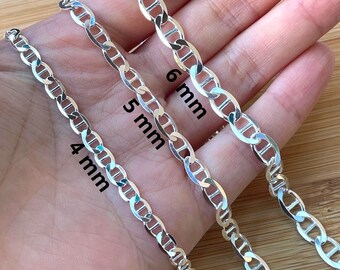 Silver Mariner Chain, Mariner Necklace, Solid Silver Chain, Flat Mariner Chain for Men, Fathers Day Gift, Silver Anchor Link 3mm 4mm 5mm 6mm