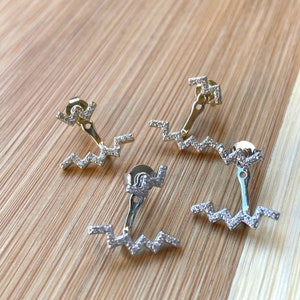Gold Ear Jacket Earrings, Sterling Silver Ear Jacket Studs, Double Earrings, CZ Pave, Minimalist Jewelry, Zig Zag Earrings, Dainty Earrings