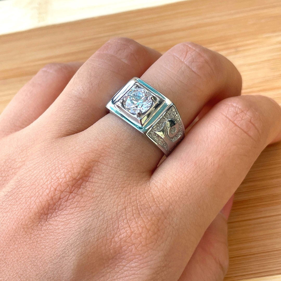 Size 9 Men's Ring, Sterling Silver Band Ring, Cubic Zirconia