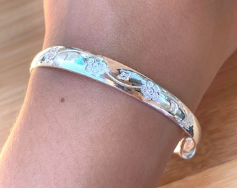 Pure Silver Bangle Bracelet, Flower Bangle, Adjustable Bangle, Push and Pull, Christmas Gift for Mom, Chunky Bangle, 999 Silver, for Sister