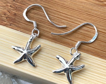 Starfish Earrings Dangle, Sterling Silver Starfish Earrings, Fishhook Earring, Minimalist Earrings, Beach Wedding Earrings, Summer Earrings
