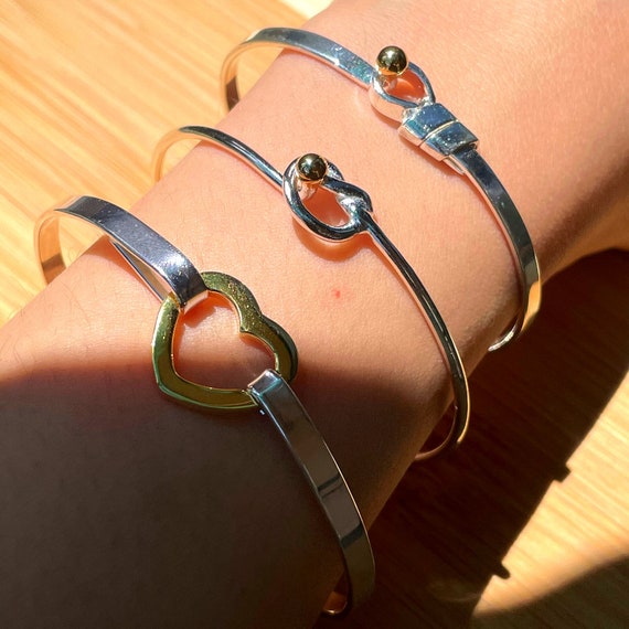 Sterling Silver Heart Bracelet, Bangle Bracelet for Women, Two