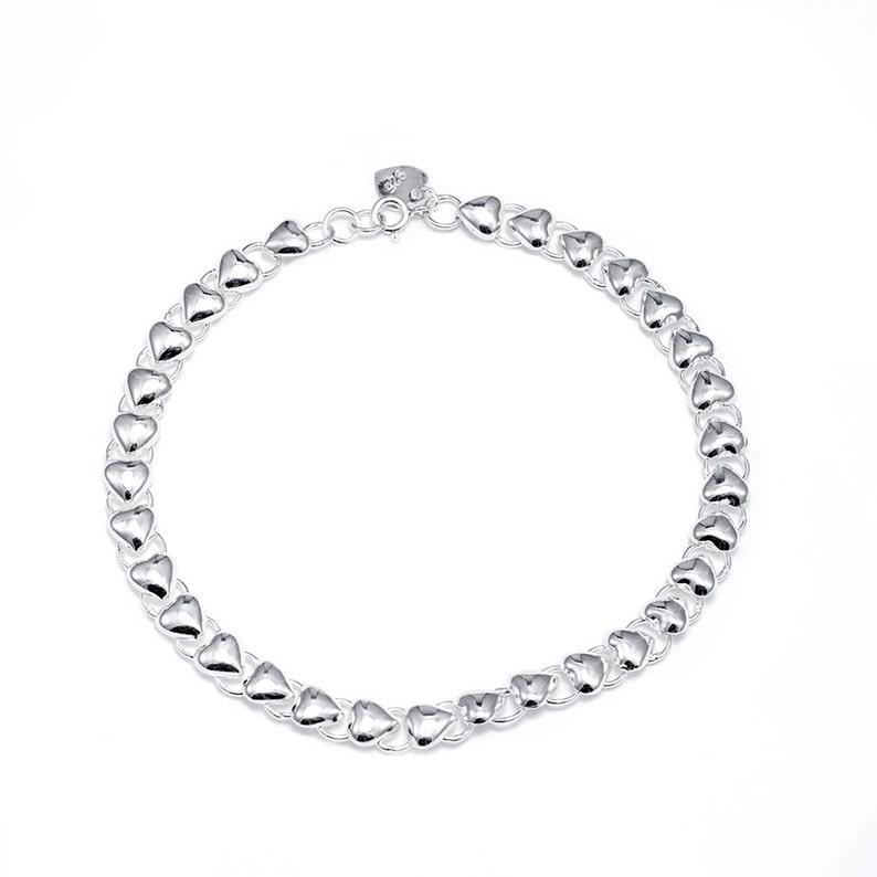 925 Sterling Silver Petite Puffy Hearts Anklet 10 inches no stones